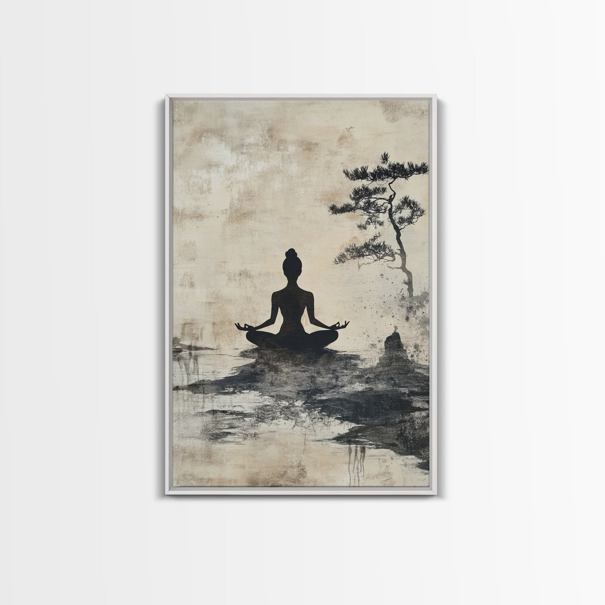 Serenity Silhouette Canvas Print Featuring Pine Tree Art, Rustic Neutral Zen Wall Art, Wabi Sabi Minimalist Decor for Peaceful Living