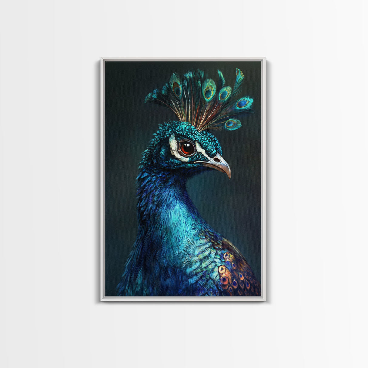 Vibrant Peacock Portrait Framed Canvas Print | Bold Peacock Wall Art | Tropical Bird Painting | Exotic Animal Art | Gift Idea