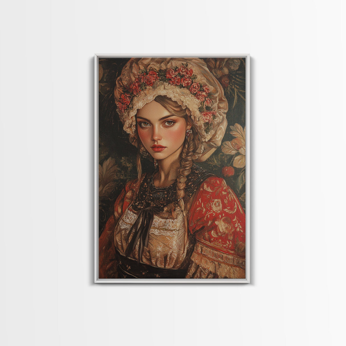 Vintage Folk Art Framed Canvas Print Featuring European Woman in Garden with Rustic Boho Aesthetic, Perfect Gift Idea for Her
