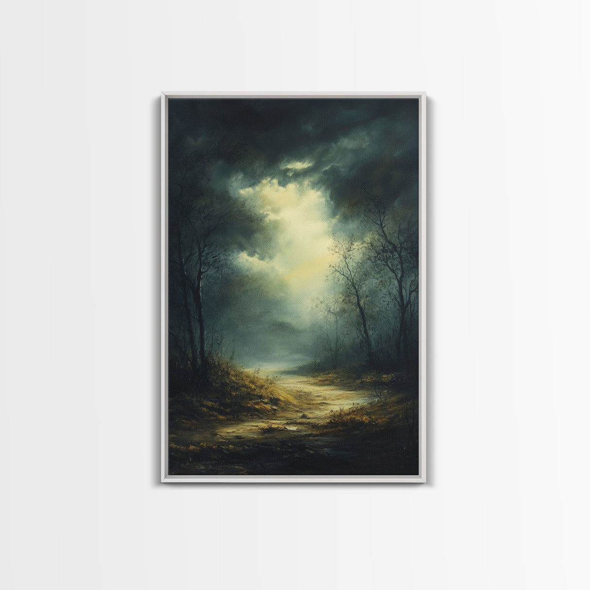 Forest at Dusk Framed Canvas Print with Moody Dark Romance Painting, Fall-Inspired Smoky Mountain Art Perfect Above Bed Wall Decor