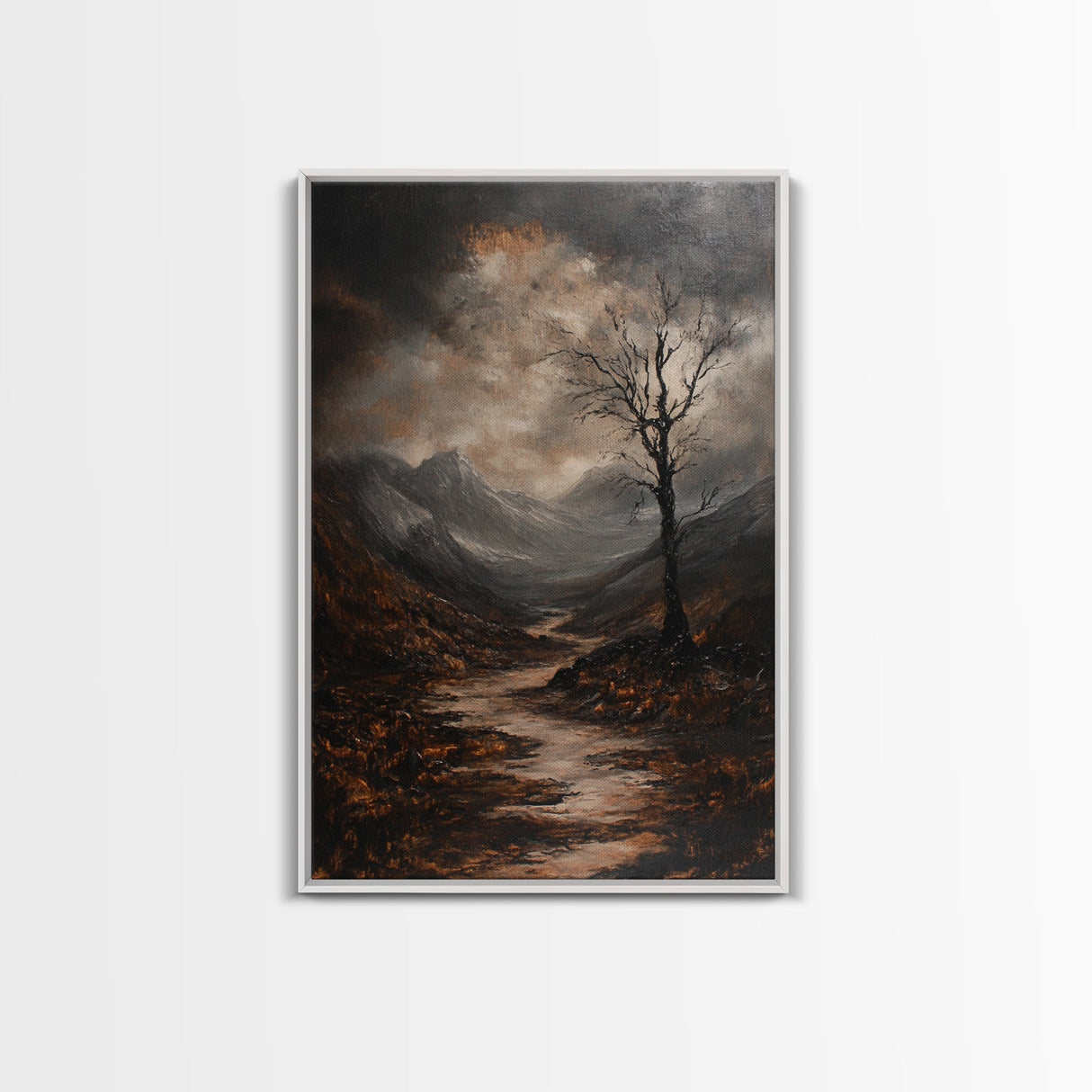 Mountain Painting Framed Canvas Print with Mystical Sunrise Over Autumn Forest Path, Rustic Landscape Art with Moody Coastal Vibes