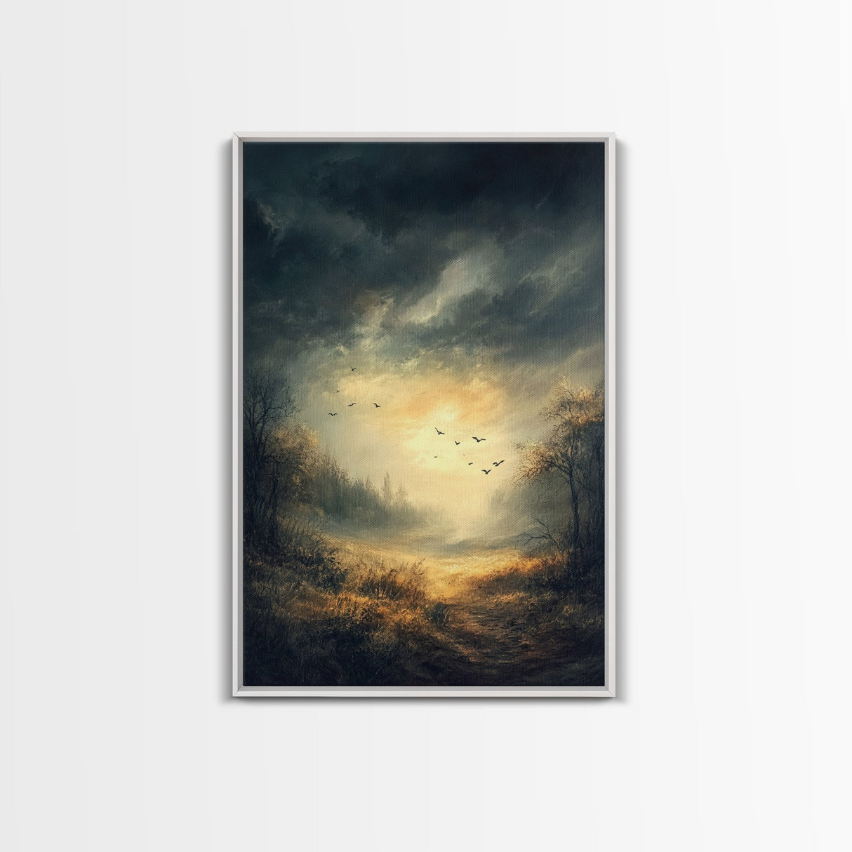 Landscape Painting Framed Canvas Print Featuring Sunset Over Autumn Forest with Dark Romantic Smoky Mountain Art and Rustic Decor