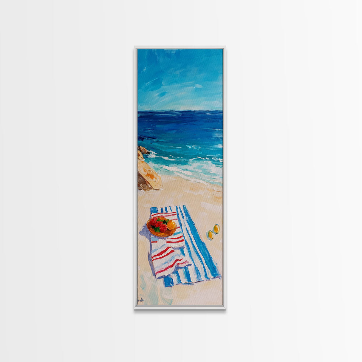 Seaside Picnic, Summer Vibes, Coastal Painting, Nautical Decor, Beach House Art, Food Review Kitchen Art, Framed Canvas Print