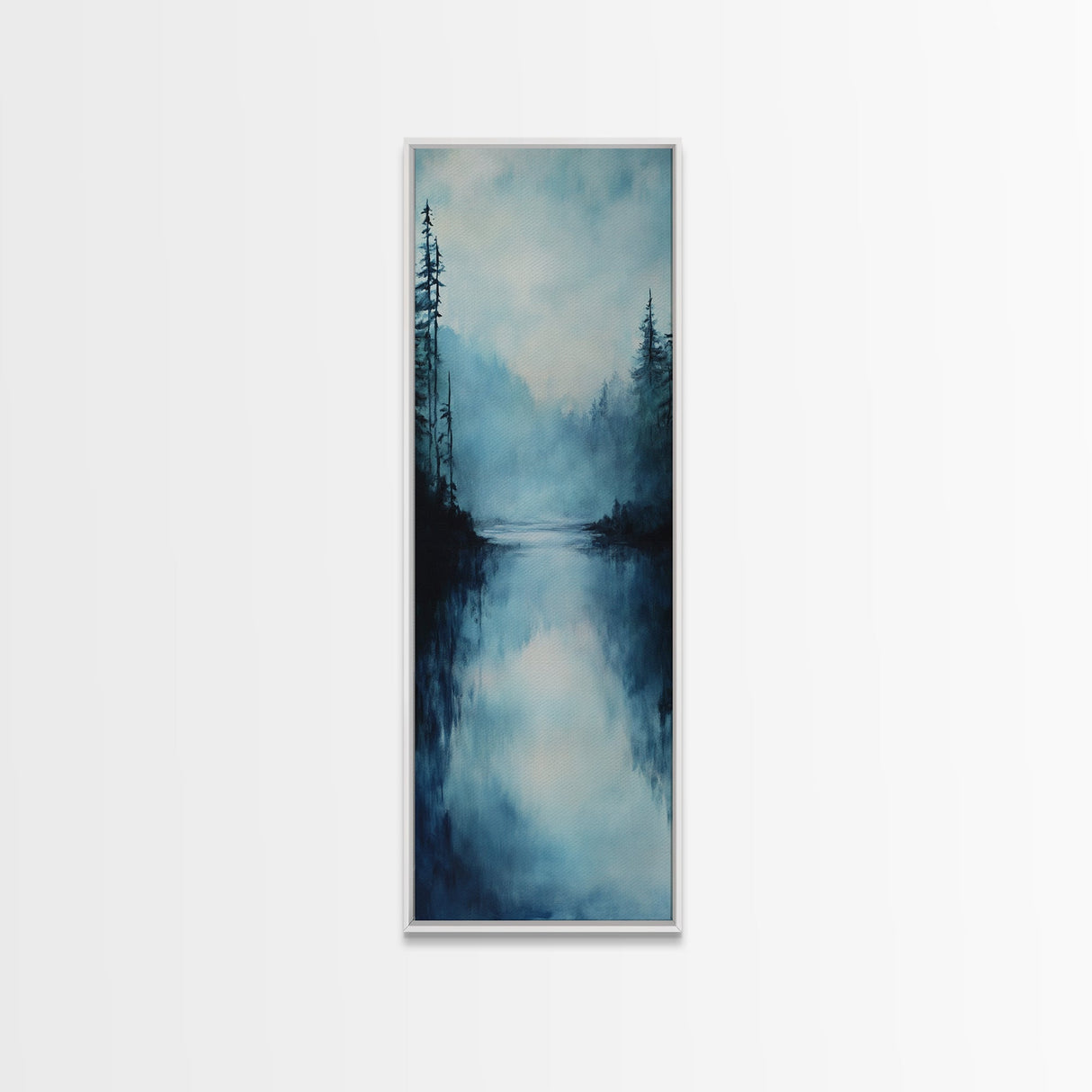 Misty Lake, Moody Landscape, Pine Tree Art, Foggy Forest Painting, Smoky Mountain Art, Christmas, Framed Canvas Print