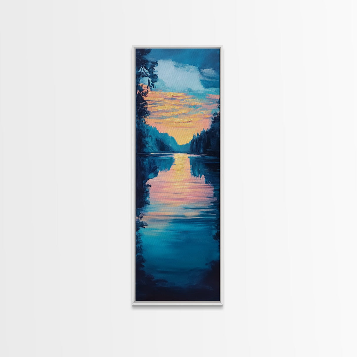Sunset reflection, lake painting, landscape art, smoky mountain art, wabi sabi art, vertical wall art, framed canvas print, moody art