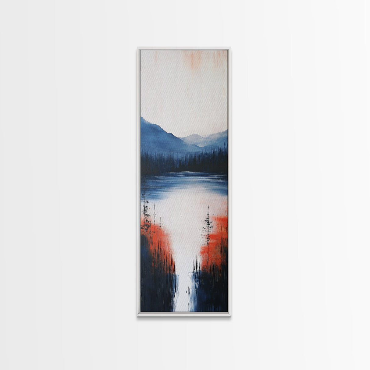 Misty Lake, smoky mountain art, landscape painting, wabi sabi wall art, moody art, blue and green wall art, Framed Canvas Print