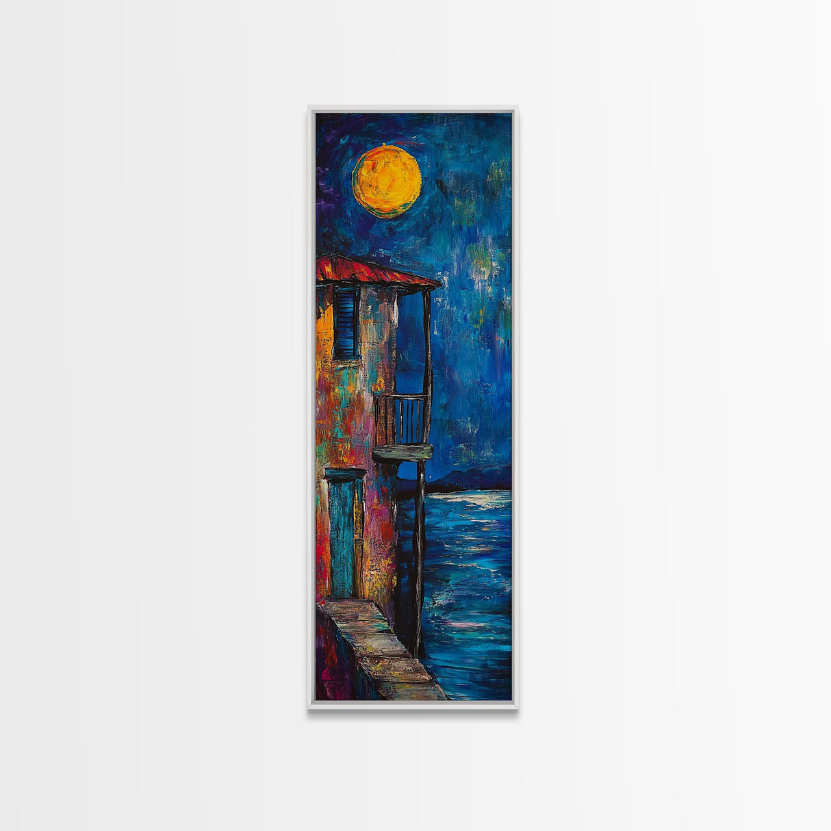 Moonlit Balcony, dark romance painting, moody art, boho art, textured painting, Framed Canvas Print, vertical wall art