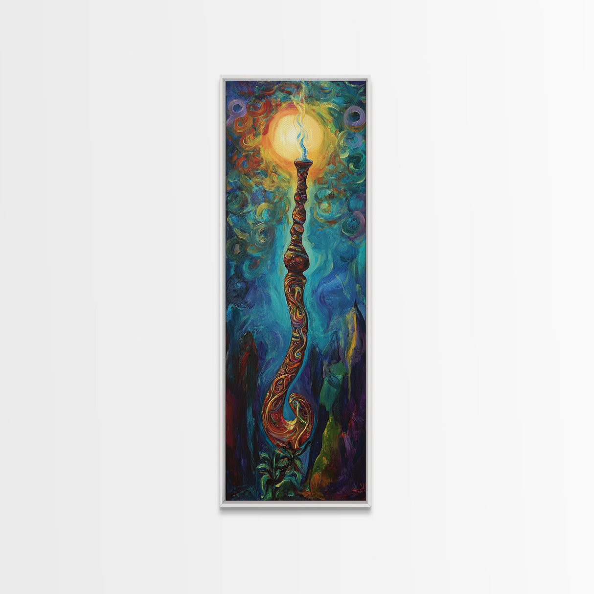 Cosmic Palm Tree, palm tree painting, pink orange wall art, tropical art, framed canvas print, psychedelic art, beach house decor
