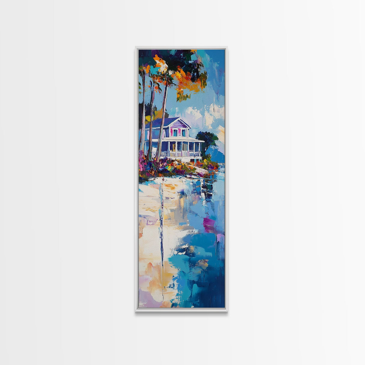 Beach House, Coastal Painting, Vibrant Landscape, Nautical Wall Art, Living Room Art, Above Bed Wall Art, Framed Canvas Print