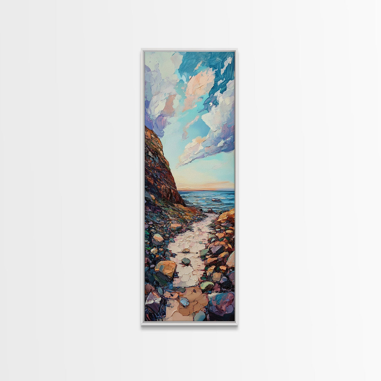 Rocky Coastline, Ocean Waves, Beach Path, Framed Canvas Print, coastal landscape art, farmhouse art, rustic décor