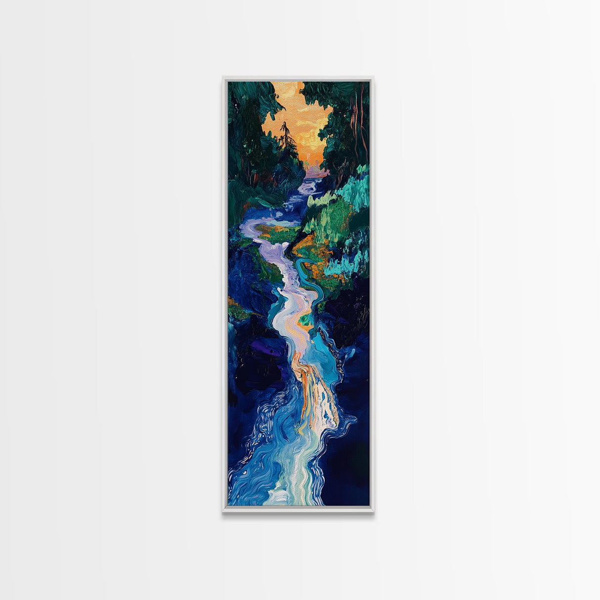 Sunset river, moody art, pine tree art, smoky mountain art, framed canvas print, vertical wall art, original painting