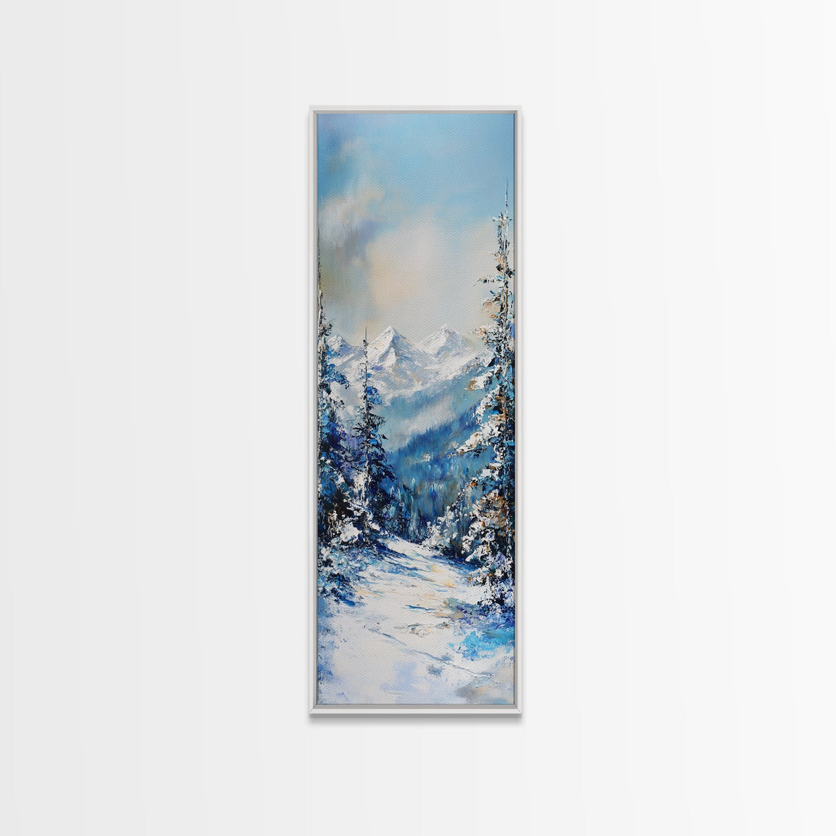 Snowy Mountain Path, winter landscape painting, mountain painting, pine tree art, rustic wall art, framed canvas print