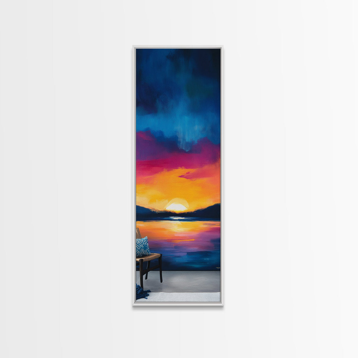 Sunset Over Water, Lake Tahoe Art, Bold Colors, Framed Canvas Print, Tall Narrow Art, Boho Art, Above Bed Wall Art, Panoramic Art