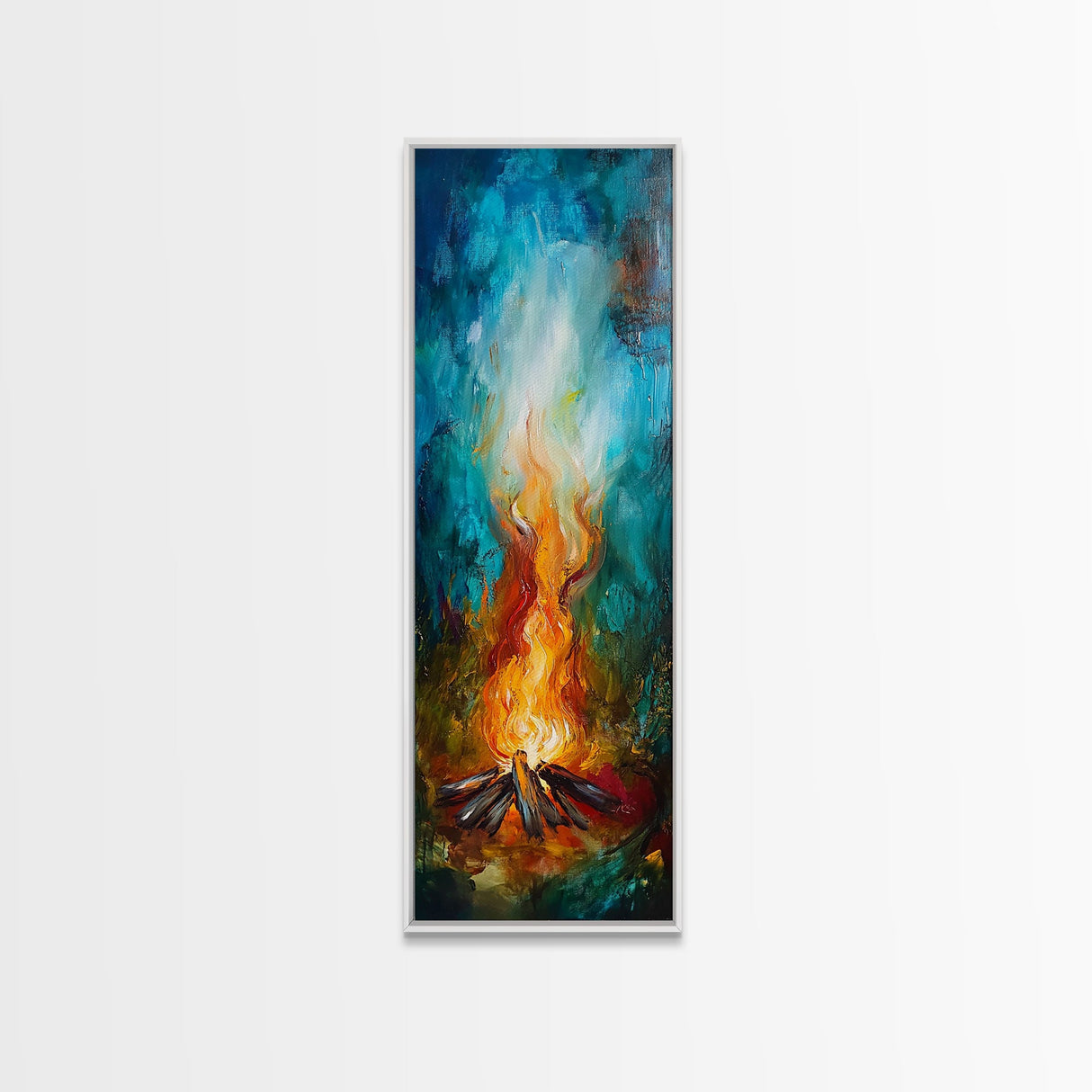 Cozy Campfire, rustic decor, autumn painting, moody art, forest at dusk painting, wabi sabi art, framed canvas print, vertical wall art