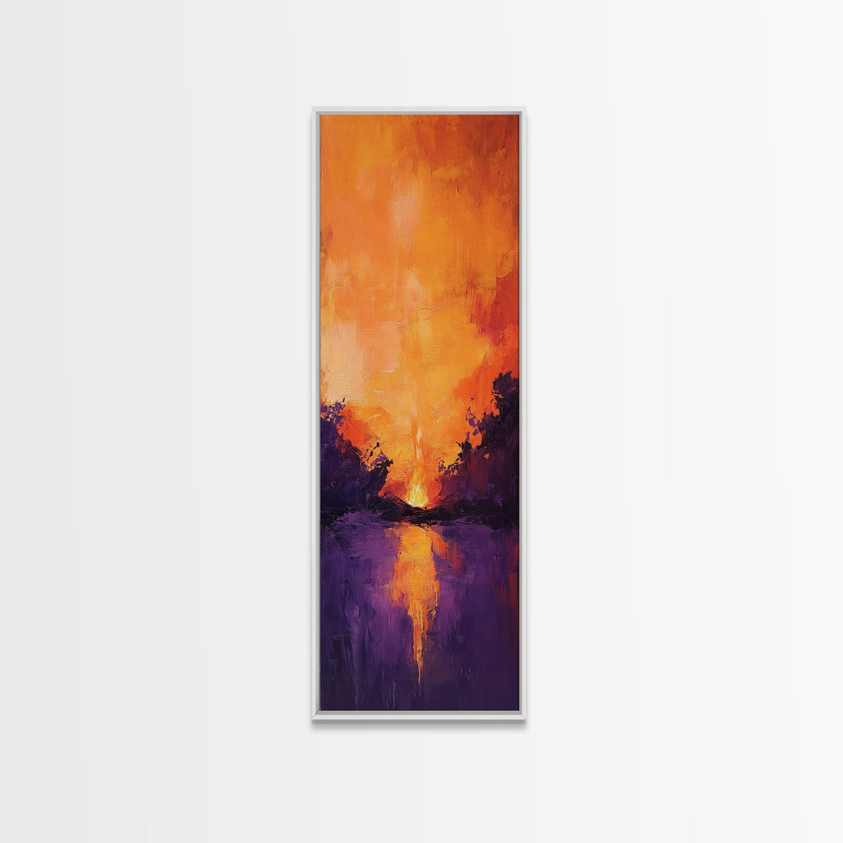 Fiery Sunset Reflection, mountain painting, moody art, forest at dusk painting, pine tree art, framed canvas print, vertical wall art