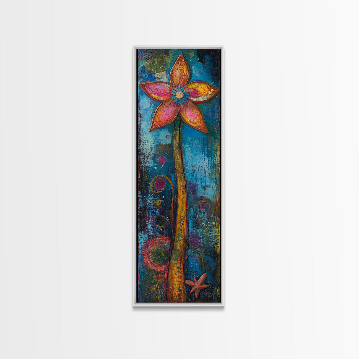 Vibrant Flower, botanical prints, pink orange wall art, boho art, whimsical art, tall narrow art, framed canvas print