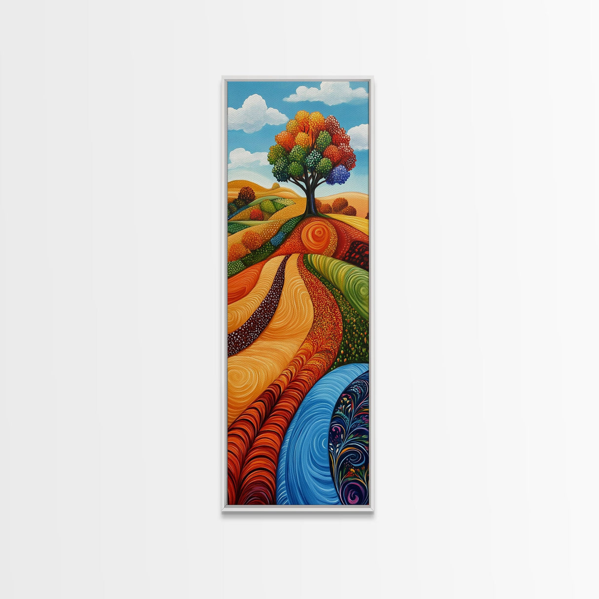Colorful Fields, folk art, Russian folk art, pink orange wall art, bright and bold, framed canvas print, extra wide art