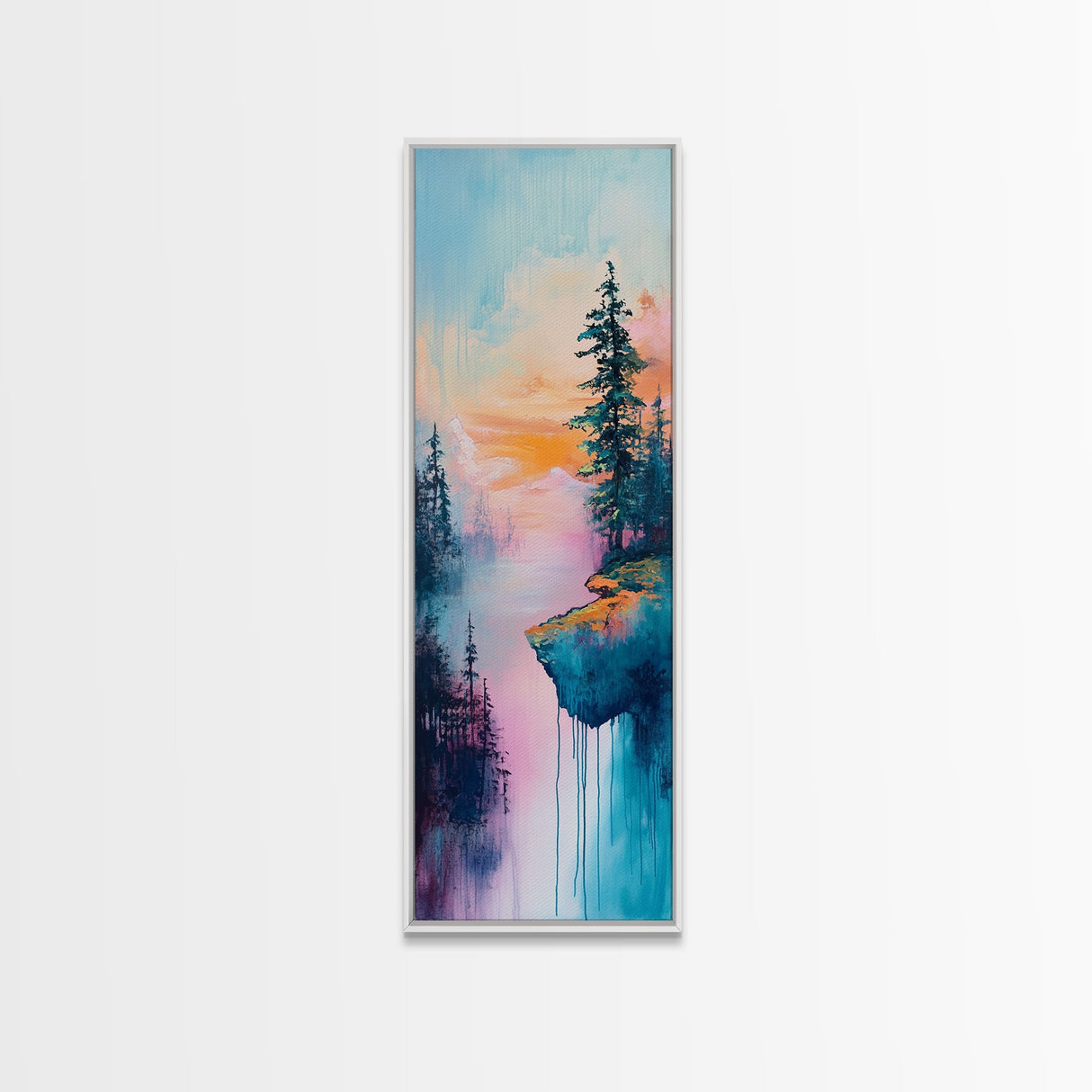 Dreamy Landscape, Pine Tree Art, Mountain Painting, Blue and Green Wall Art, Tall Skinny Art, Framed Canvas Print, Rustic Wall Art