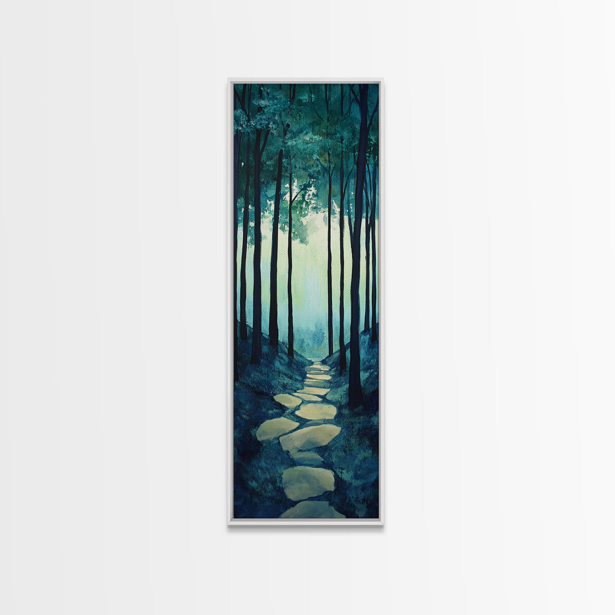 Forest Path, pine tree art, wabi sabi wall art, rustic decor, landscape painting, tall narrow art, green wall art, canvas print