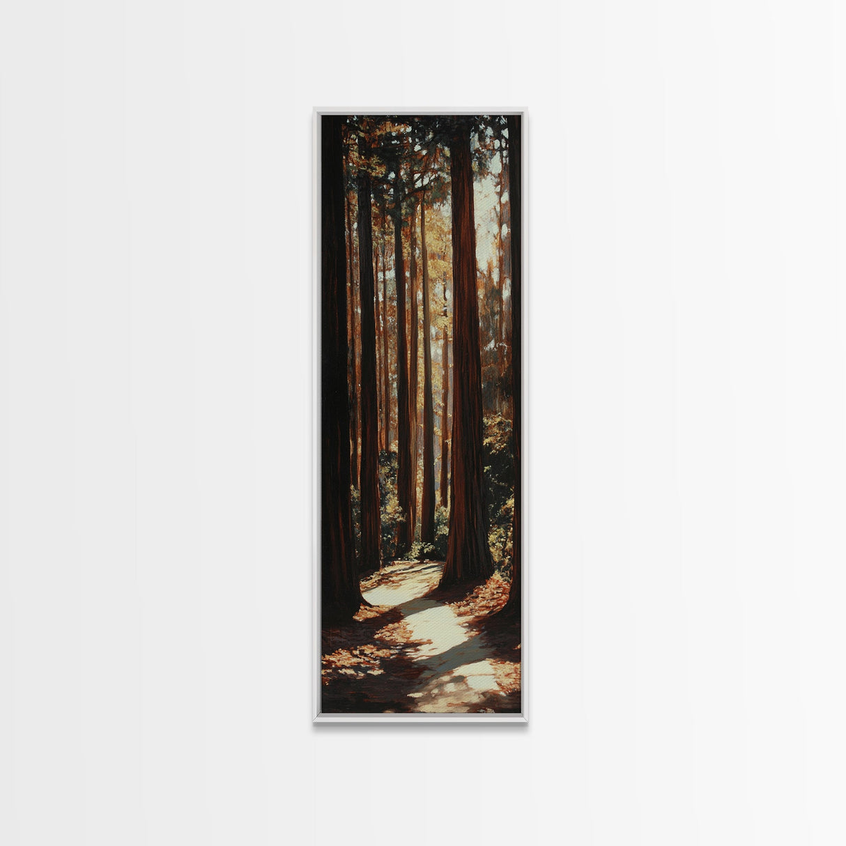 Redwood Forest, pine tree art, rustic decor, above sofa art, forest at dusk painting, wabi sabi art, tall skinny art, framed canvas print