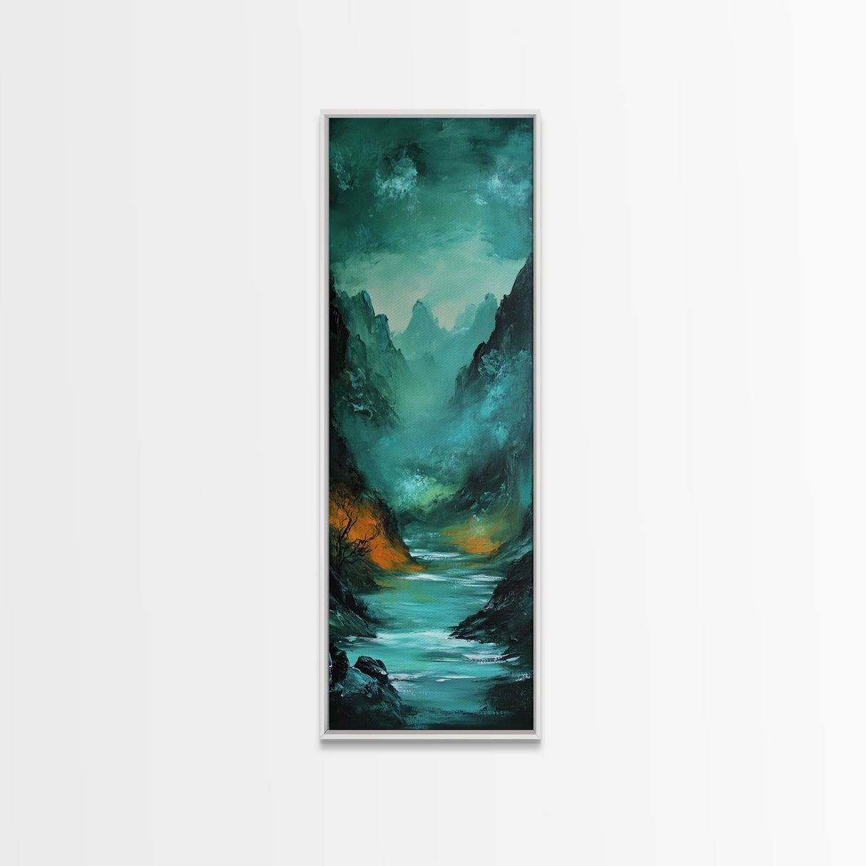 Dark Moody Landscape, Mountain Painting, Forest at Dusk Painting, Framed Canvas Print, Rustic Wall Art, Vertical Wall Art