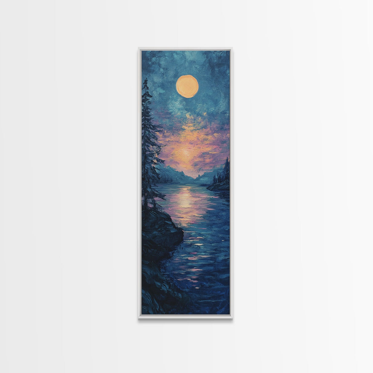 Moonlit Lake, moon oil painting, framed canvas print, landscape painting, lake Tahoe art, moody art, tall narrow art, rustic wall art