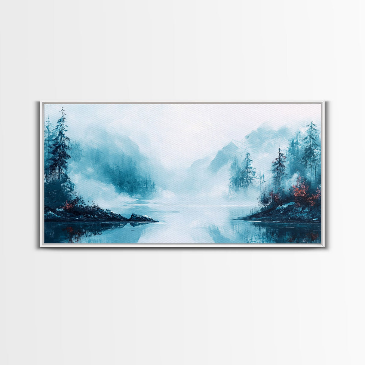 Misty Mountains, pine tree art, wabi sabi wall art, smoky mountain art, panoramic painting, nature painting, Framed Canvas Print