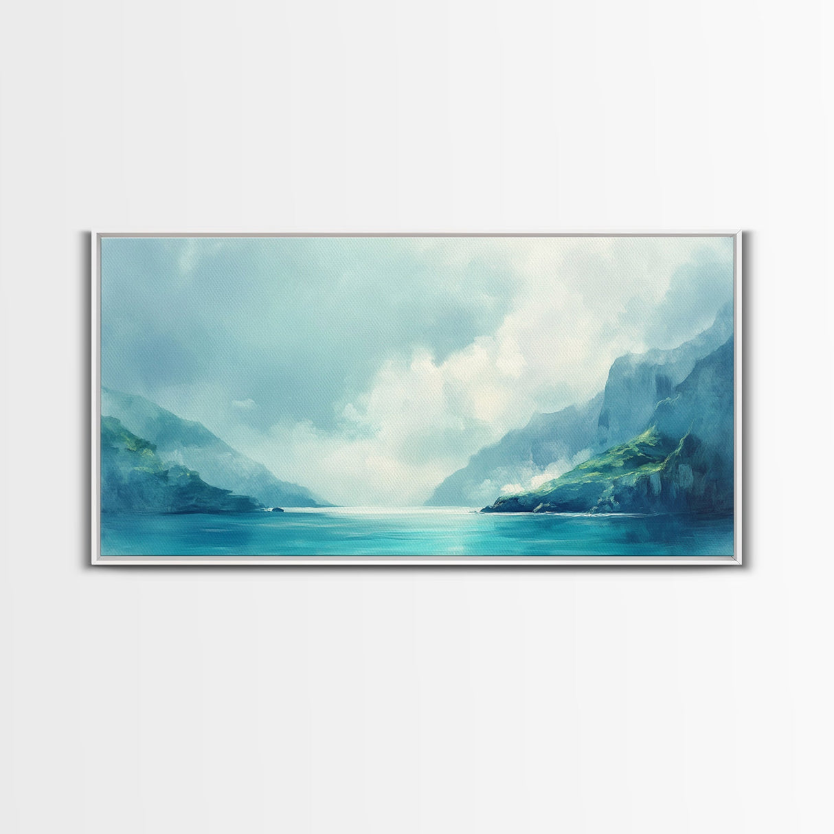 Serene Fjord, coastal landscape art, panoramic art, moody art, minimalist art, Canvas Print, above bed wall art, living room art