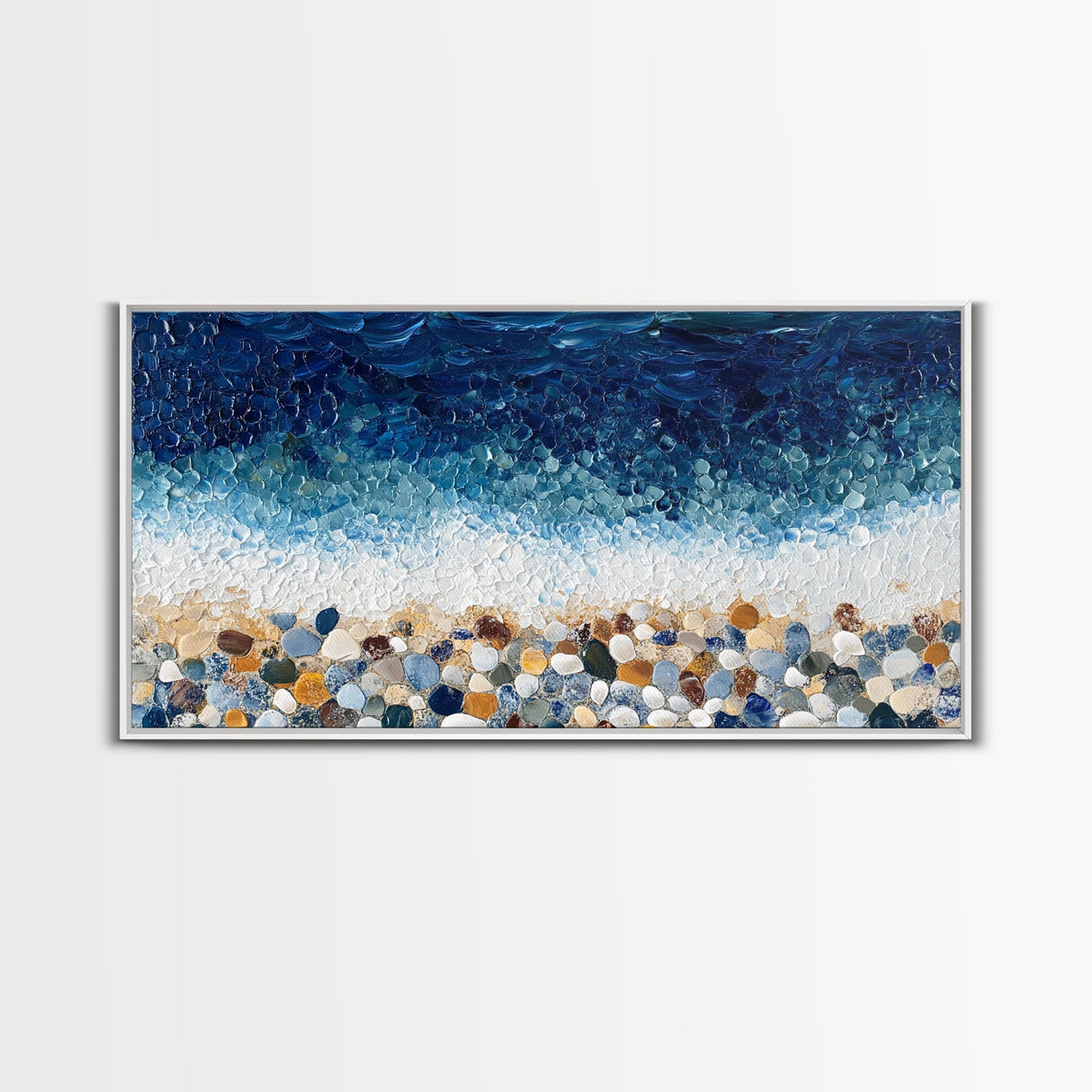 Pebble Beach, mosaic wall art, coastal decor, ocean painting, nautical decor, panoramic painting, framed canvas print