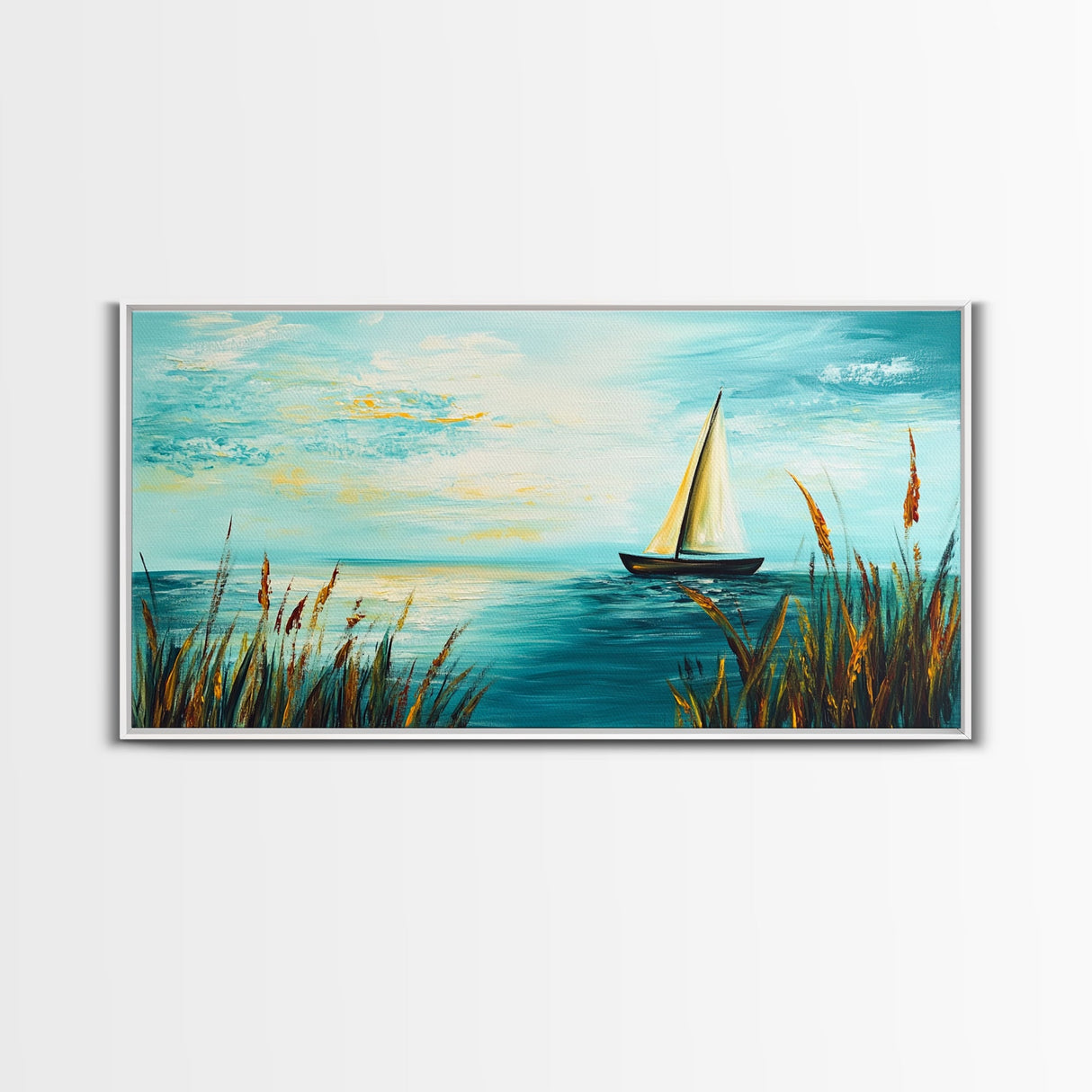 Serene Sailboat, Canvas Print, sailboat painting, coastal painting, nautical wall art, blue and green wall art, extra wide art