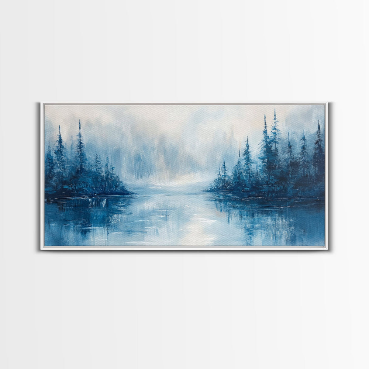 Misty Lake Scene, Moody Art, Pine Tree Art, Landscape Painting, Framed Canvas Print, Bedroom Art, Above Bed Wall Art