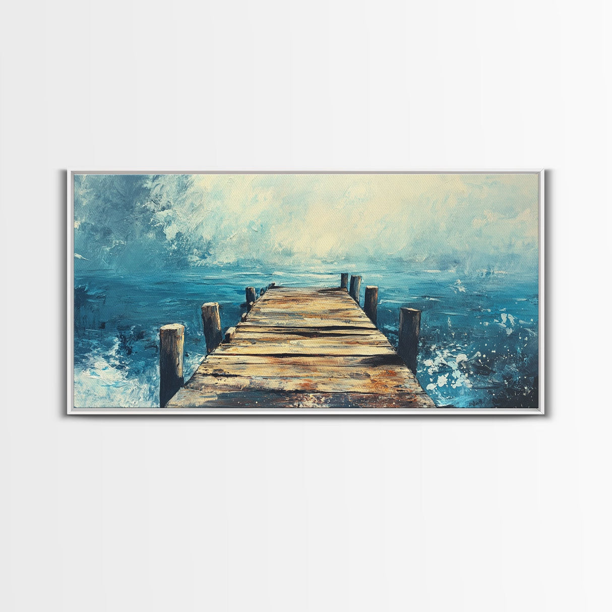 Rustic Dock, Nautical Wall Art, Framed Canvas Print, Coastal Landscape Art, Ocean Painting, Seascape Painting, Extra Wide Art