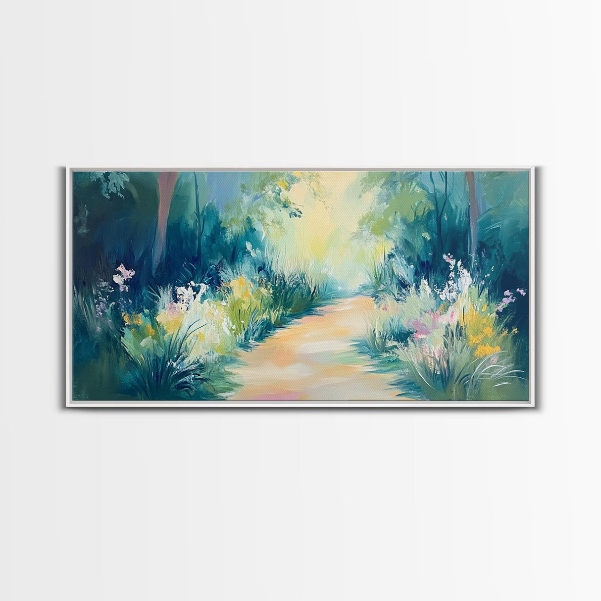 Serene Woodland Trail, wildflower painting, botanical prints, landscape painting, rustic decor, extra wide art, Framed Canvas Print