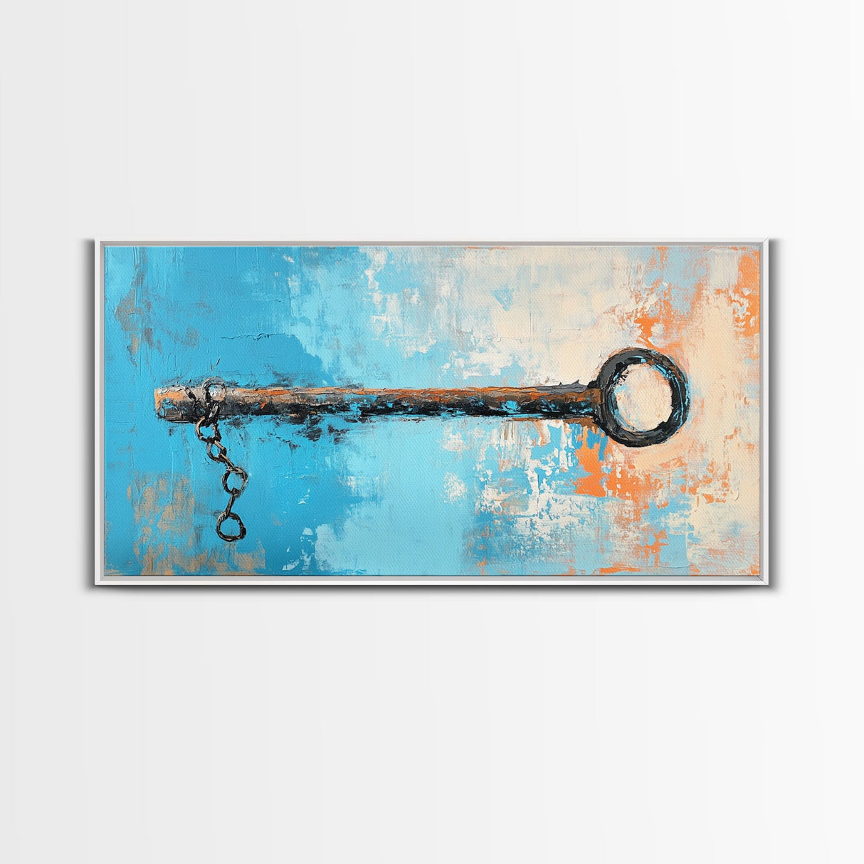 Rustic Key Painting, teal wall art, farmhouse art, coastal decor, framed canvas print, wabi sabi art, extra wide art, moody art