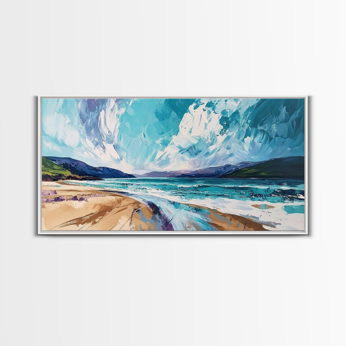 Seascape Painting, coastal landscape art, beach house decor, Ireland painting, blue and green wall art, panoramic art, canvas print