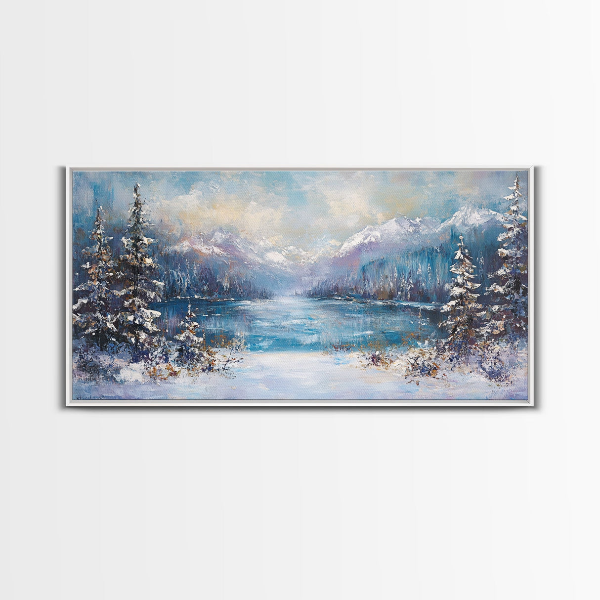 Lake Tahoe Art, Snowy Landscape, Winter Cabin Decor, Framed Canvas Print, Blue and Green Wall Art, Horizontal Wall Art