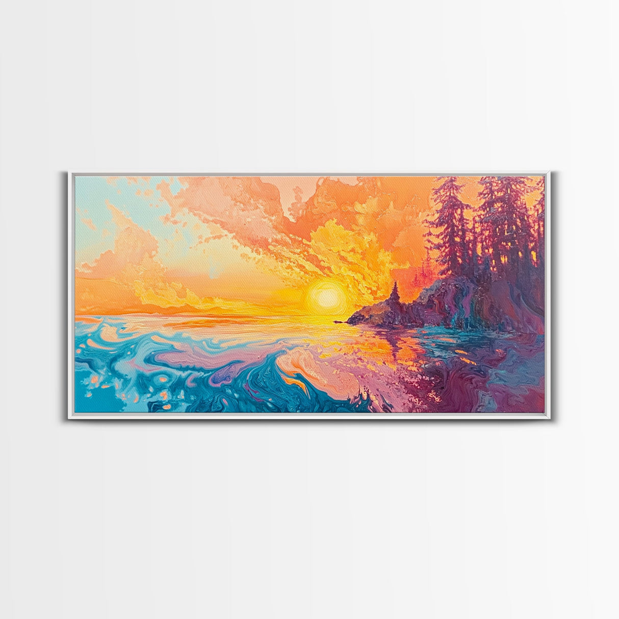 Fiery Sunset, Moody Art, Lake Tahoe Art, Colorful Landscape, Southwest Wall Art, Panoramic Painting, Framed Canvas Print, Nature Art