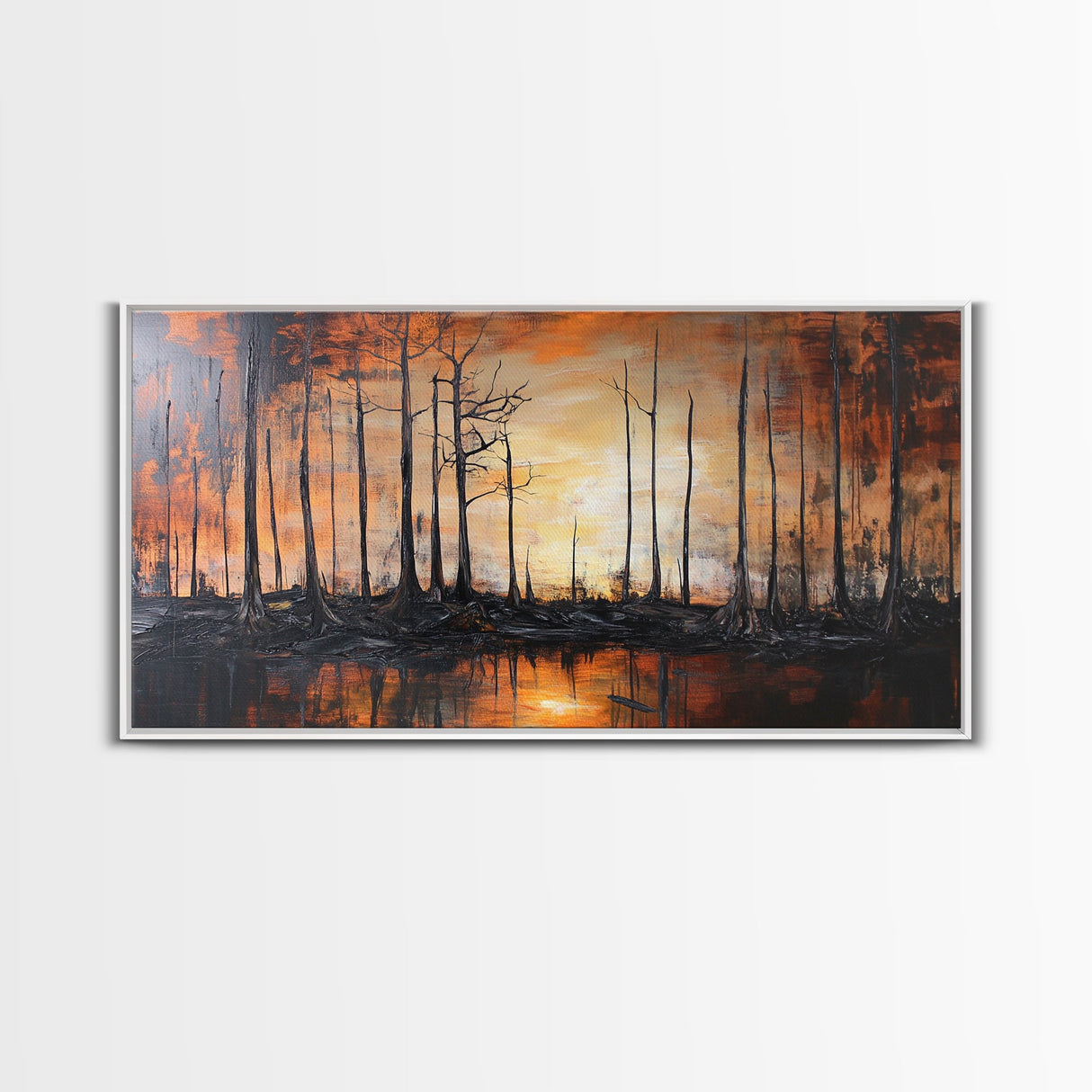 Forest at Dusk, moody art, fall landscape painting, pine tree art, framed canvas print, extra wide art, autumn wall art, rustic decor