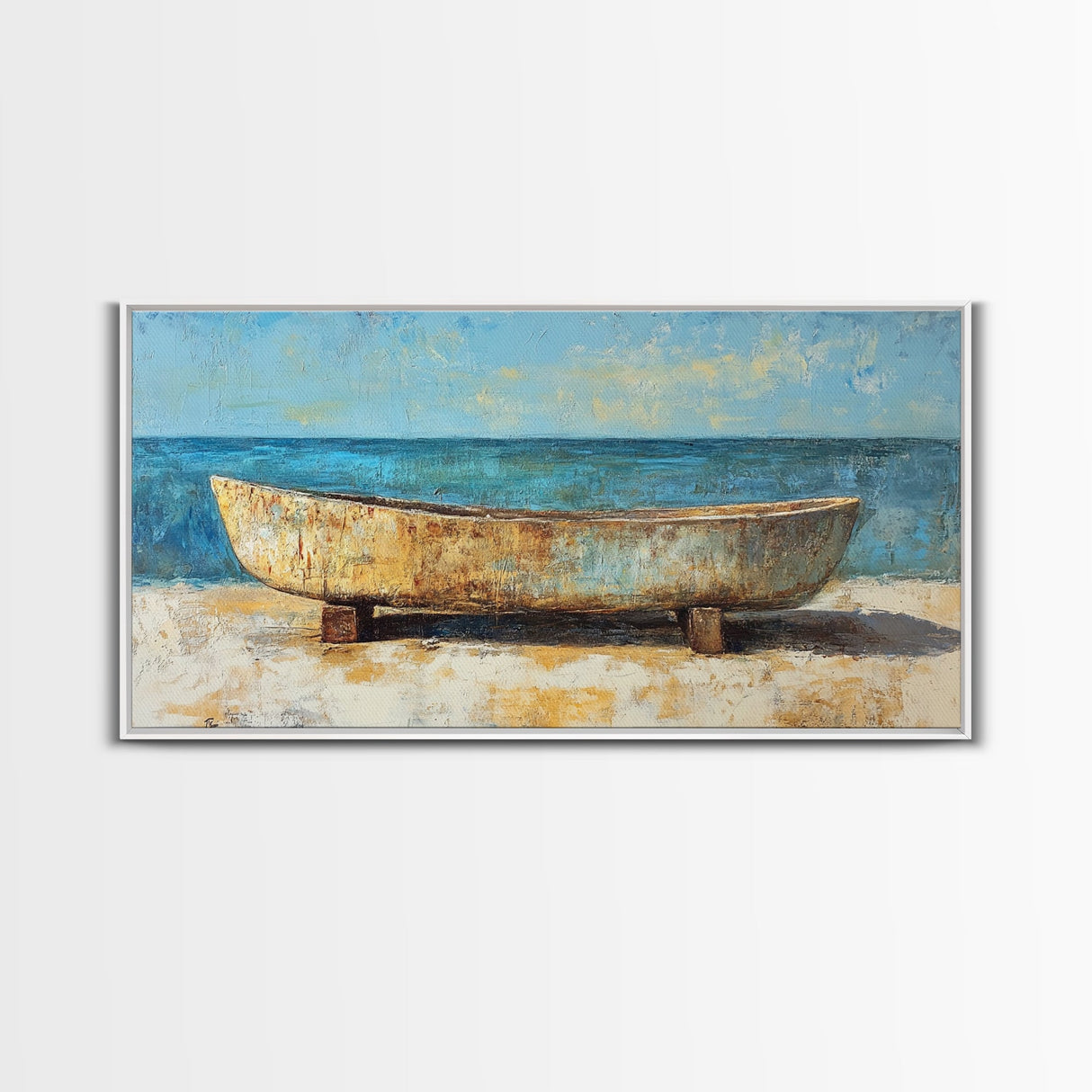 Rustic Boat, Framed Canvas Print, coastal wall art, nautical decor, rustic art, extra wide painting, panoramic painting
