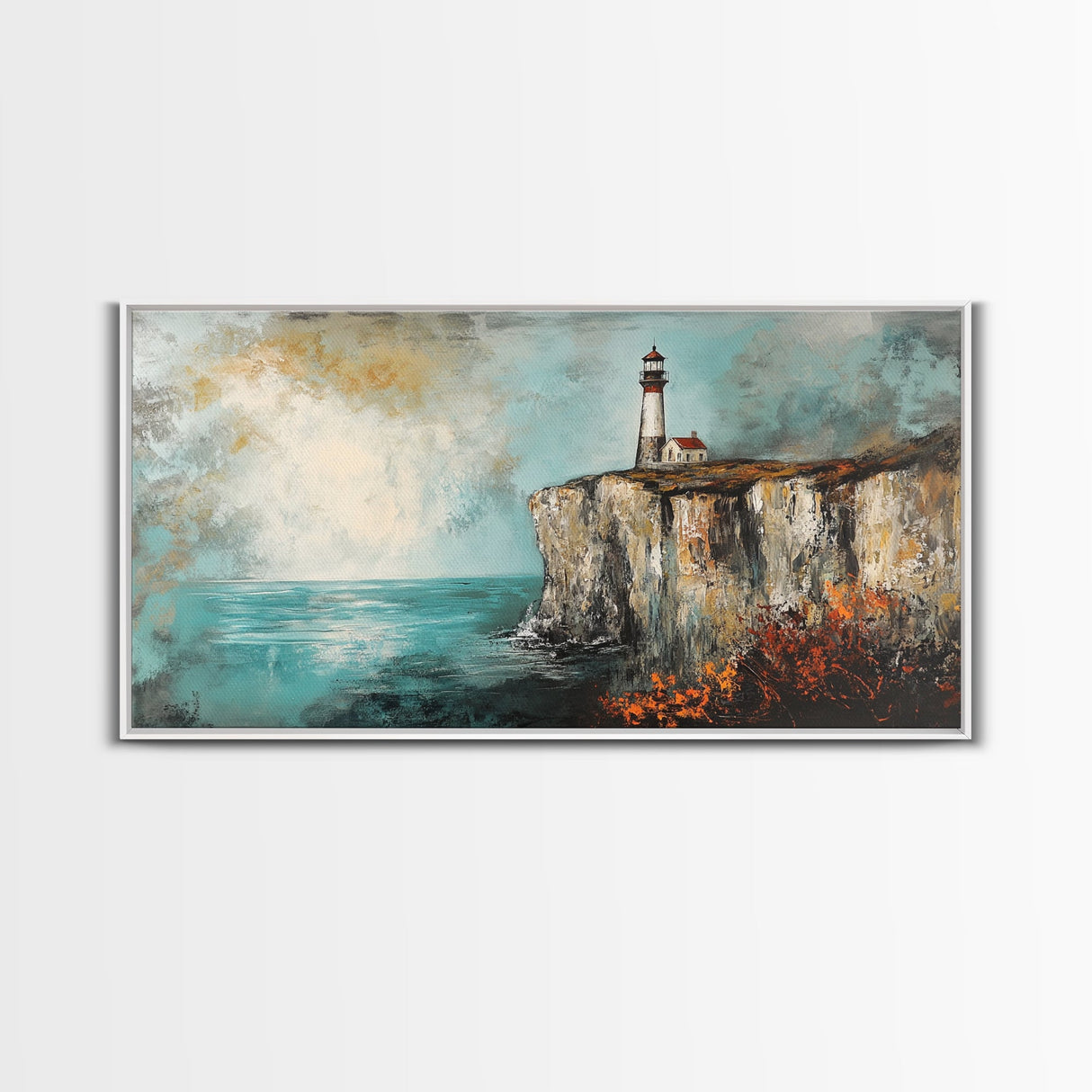Lighthouse at Cliff, nautical wall art, coastal decor, dramatic seascape painting, panoramic painting, Framed Canvas Print, above sofa art