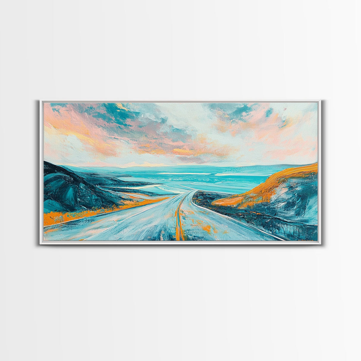 Open Road, Ocean View Highway, Coastal Landscape, Nautical Painting, Lake Tahoe Art, Panoramic Art, Canvas Print, Horizontal Art