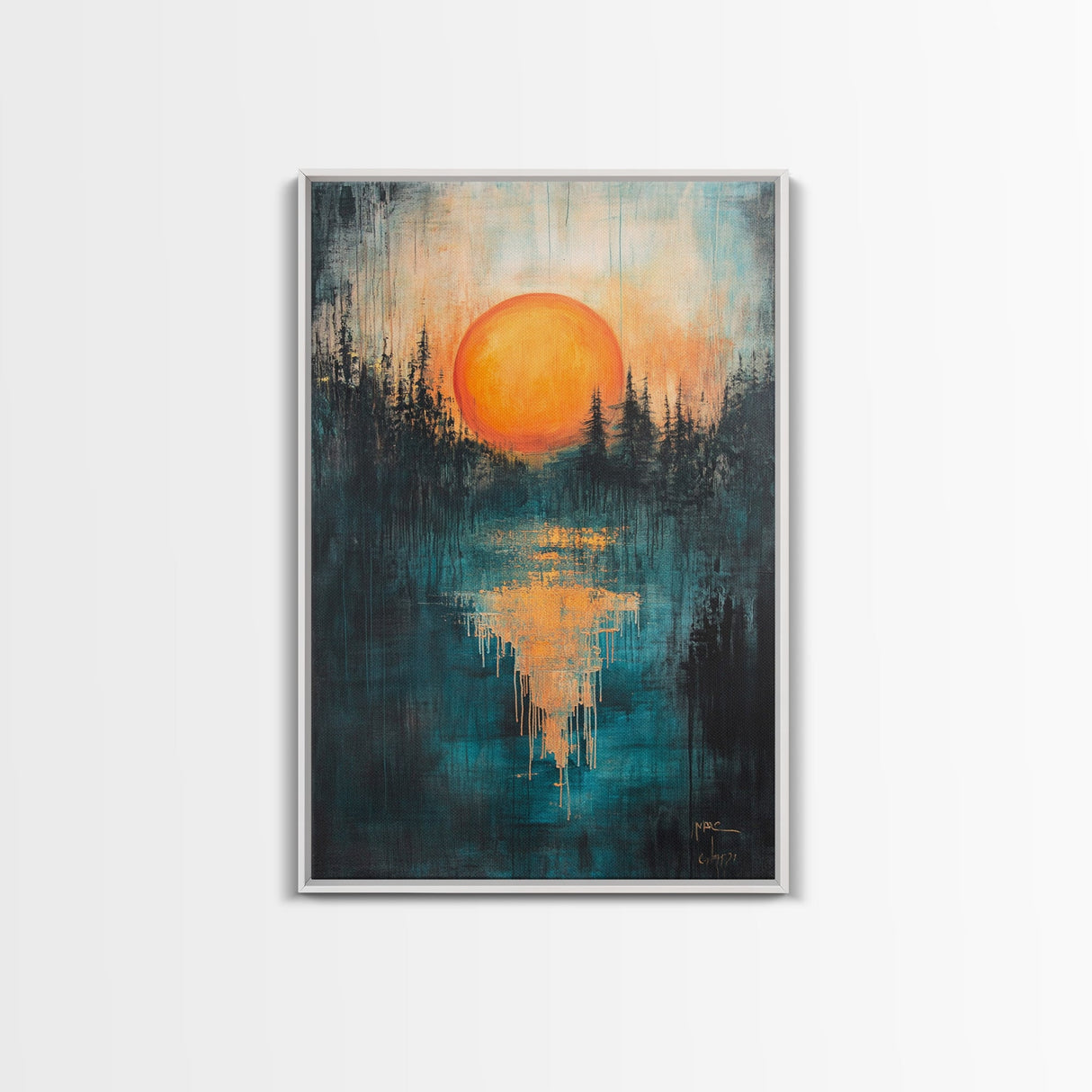 Sunset Over Water, Forest at Dusk Painting, Moody Landscape, Warm Glow Art, Nature Wall Art, Rustic Decor, Canvas Print