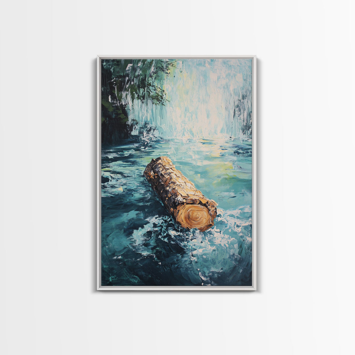 Log in Water, Forest at Dusk Painting, Rustic Nature Scene, Moody Wall Art, Blue and Green Decor, Framed Canvas Print