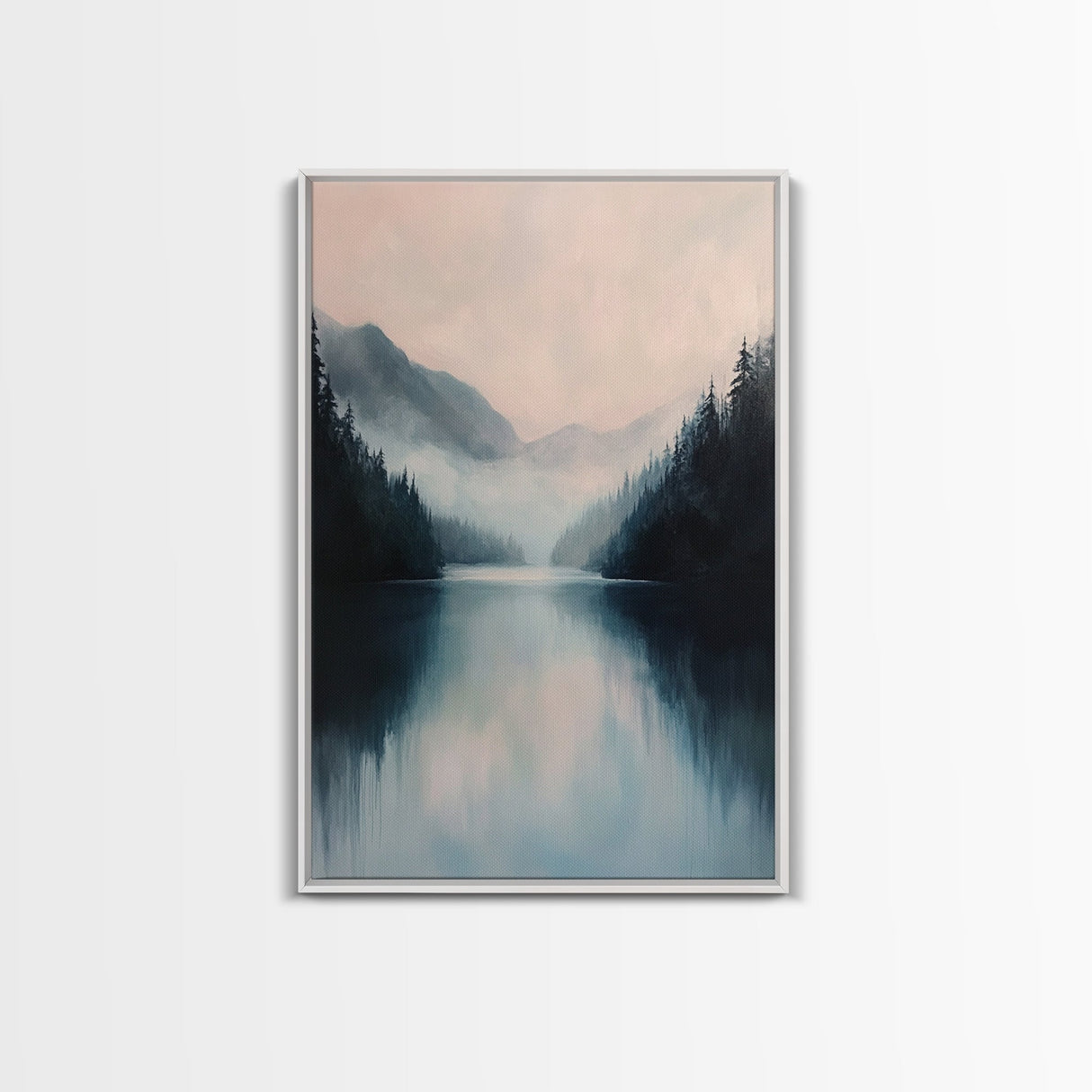 Misty Lake, mountain painting, smoky mountain art, panoramic painting, blue and green wall art, framed canvas print, moody art