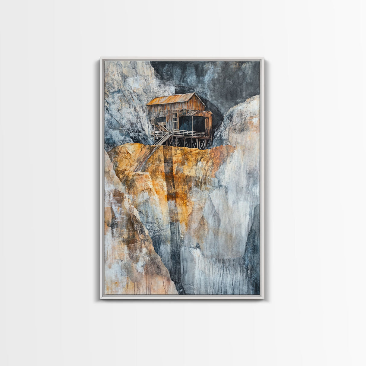 Rustic Cabin on Cliff, barn landscape painting, rustic art, farmhouse art, wabi sabi art, vintage horse art, Framed Canvas Print