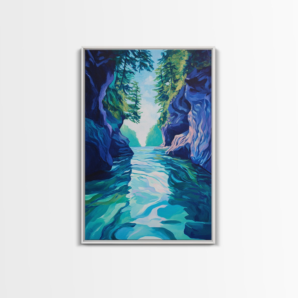 Serene Lake View, mountain painting, lake Tahoe art, blue and green wall art, landscape painting, boho art, Framed Canvas Print