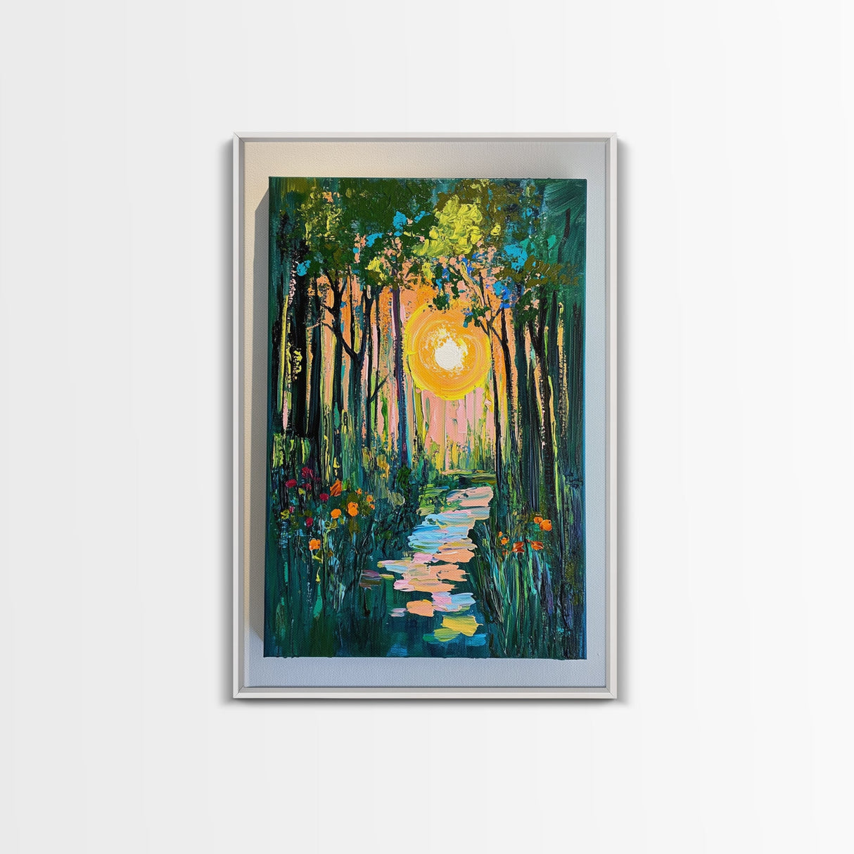 Forest Sunrise Path, wildflower painting, forest at dusk painting, wabi sabi wall art, whimsical art, Canvas Print