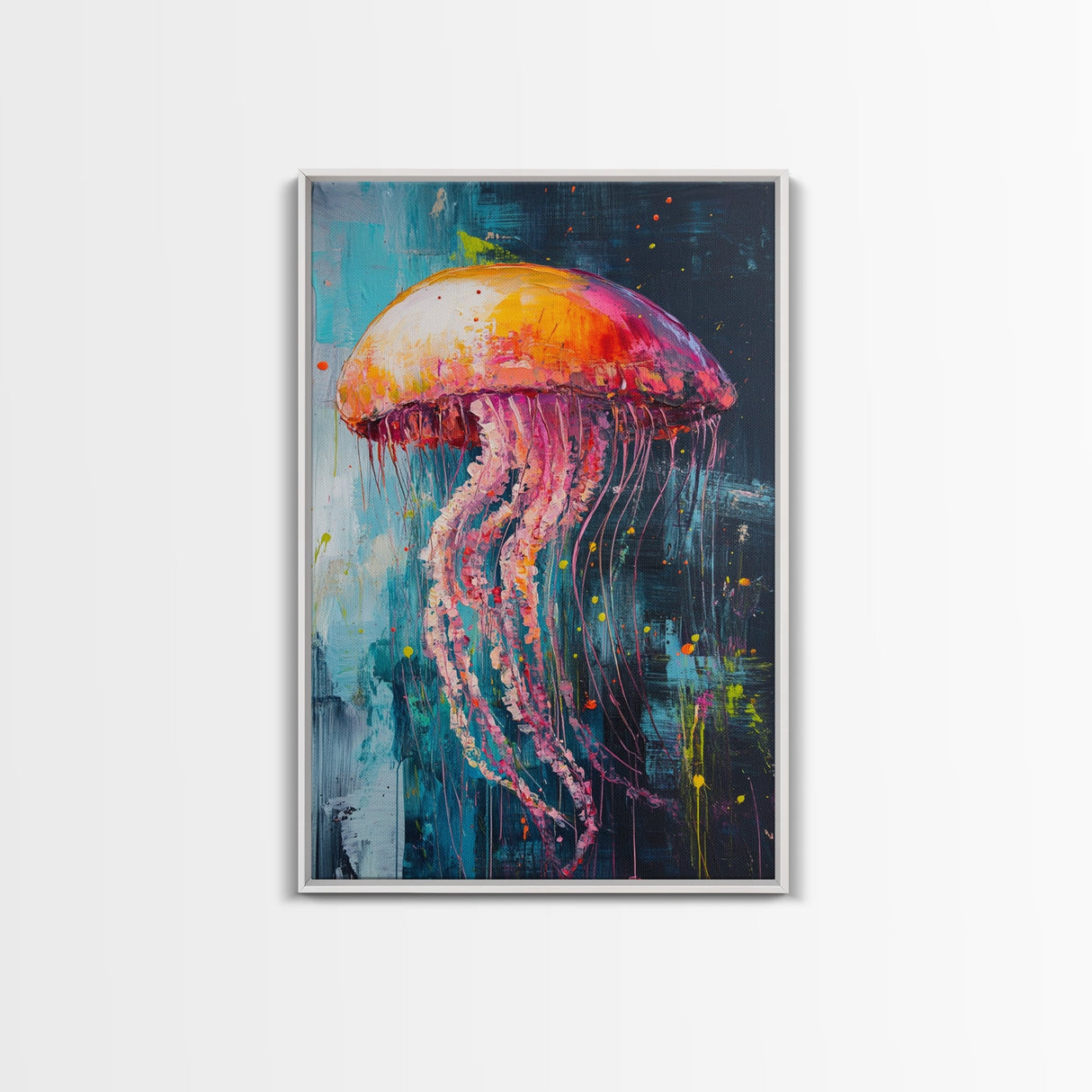 Vibrant Jellyfish Art, Coastal Wall Art, Ocean Life Painting, Whimsical Art, Teal Wall Art, Nautical Decor, Framed Canvas Print