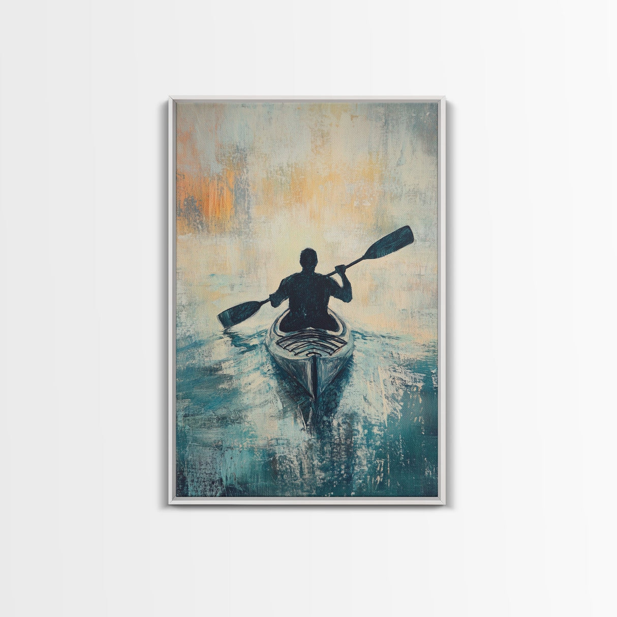 Kayaker at Sunset, Coastal Landscape Art, Nautical Wall Art, Moody Art, Above Sofa Art, Ocean Painting, Framed Canvas Print
