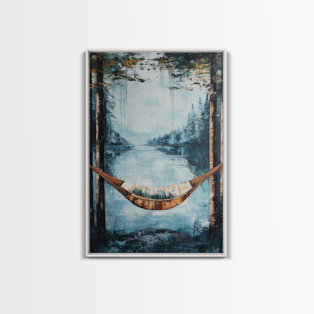 Hammock, Lake, Birch Trees, Framed Canvas Print, birch tree painting, landscape painting, wabi sabi art, rustic decor, extra wide art